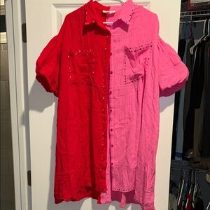 Peach Love California Red and Pink Studded Shirt Dress